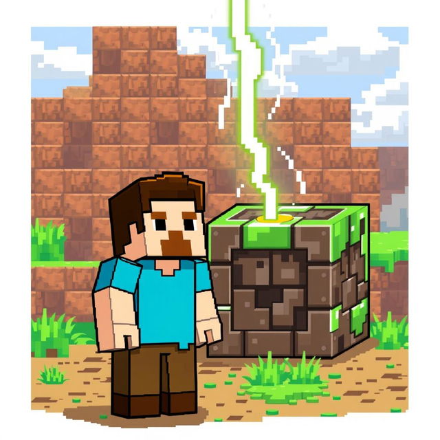 A pixel art scene featuring Steve from Minecraft standing next to a command block with a dramatic lightning bolt striking down from the sky