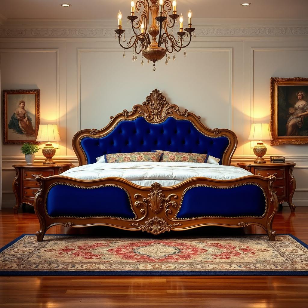 A beautifully crafted classic bed, featuring an ornate headboard with intricate carvings, plush royal blue velvet upholstery, and elegant gold accents