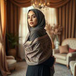 A graceful woman wearing an elegant hijab, standing gracefully in a tranquil indoor space decorated with soft fabrics and warm colors