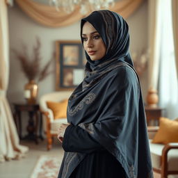 A graceful woman wearing an elegant hijab, standing gracefully in a tranquil indoor space decorated with soft fabrics and warm colors