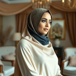 A graceful woman wearing an elegant hijab, standing gracefully in a tranquil indoor space decorated with soft fabrics and warm colors