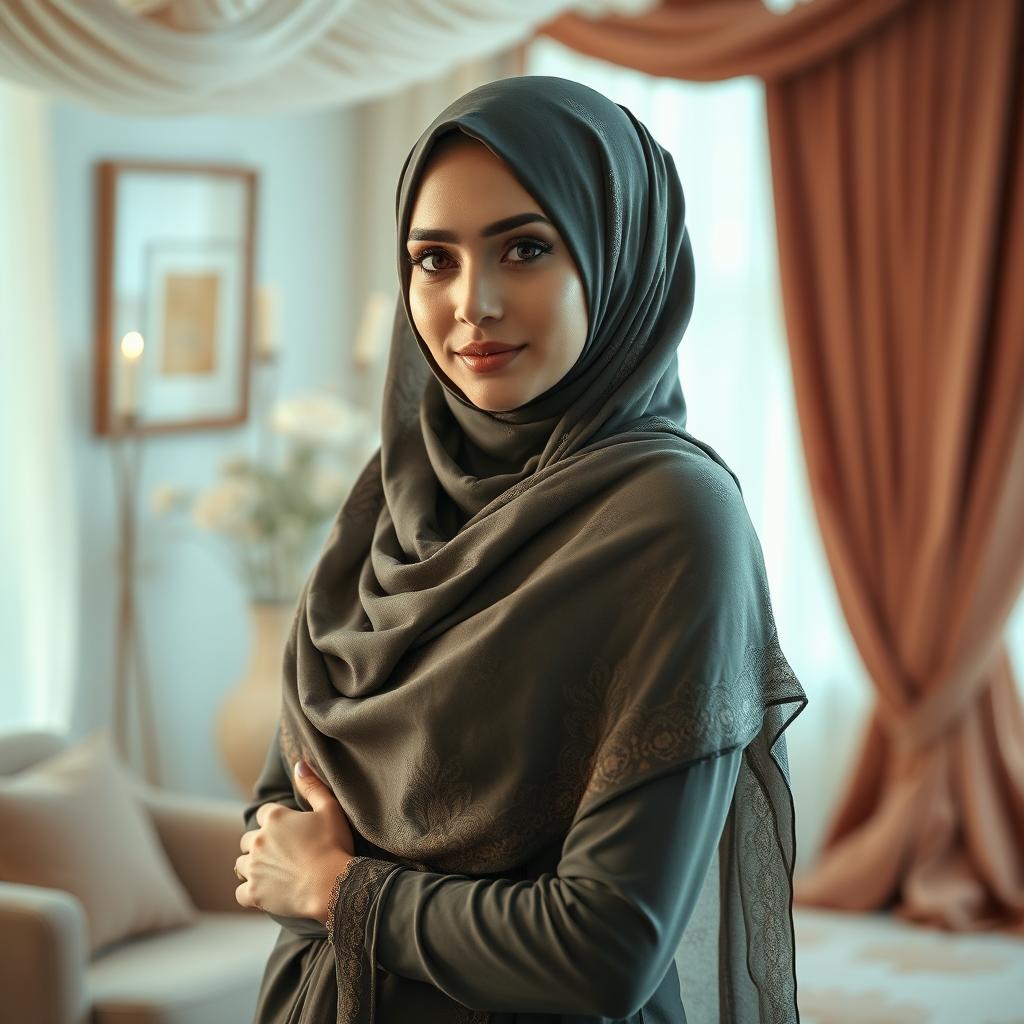 A graceful woman wearing an elegant hijab, standing gracefully in a tranquil indoor space decorated with soft fabrics and warm colors