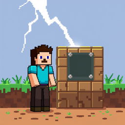 A pixel art scene depicting Steve from Minecraft standing near a command block, with a dramatic lightning bolt striking down from the sky