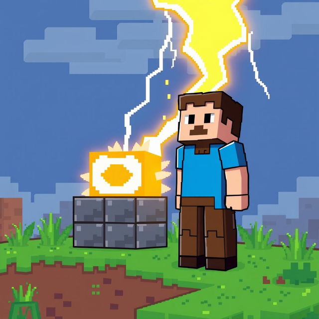 A pixel art scene depicting Steve from Minecraft standing near a command block, with a dramatic lightning bolt striking down from the sky