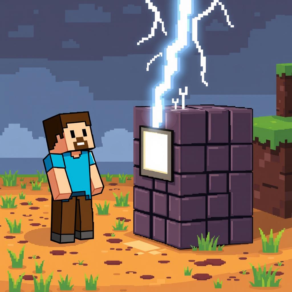 A pixel art scene depicting Steve from Minecraft standing near a command block, with a dramatic lightning bolt striking down from the sky
