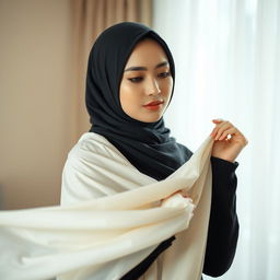 A beautiful, modest woman in a hijab, gracefully removing a flowing garment in a serene setting