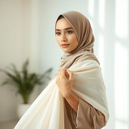 A beautiful, modest woman in a hijab, gracefully removing a flowing garment in a serene setting