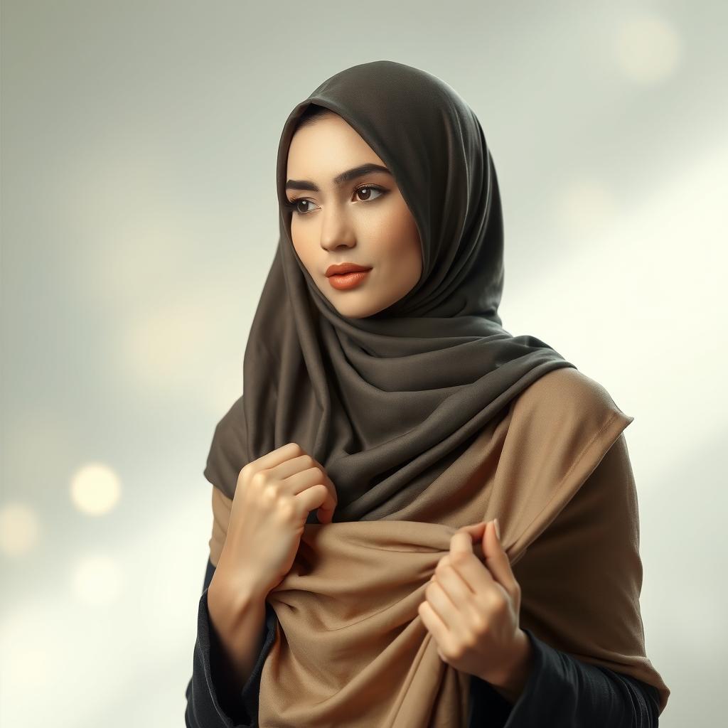 A beautiful, modest woman in a hijab, gracefully removing a flowing garment in a serene setting