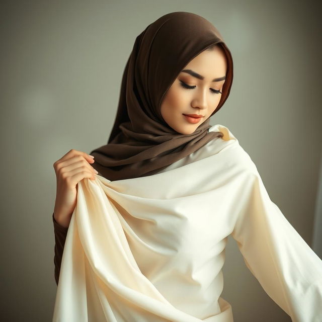 A beautiful, modest woman in a hijab, gracefully removing a flowing garment in a serene setting