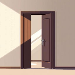 An elegant pixel art illustration of a modern wooden door that is open, revealing a bright and inviting interior behind it