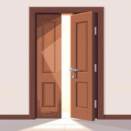 An elegant pixel art illustration of a modern wooden door that is open, revealing a bright and inviting interior behind it