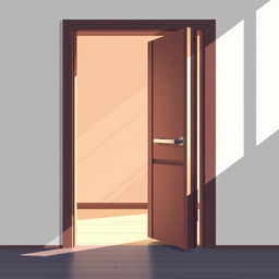 An elegant pixel art illustration of a modern wooden door that is open, revealing a bright and inviting interior behind it