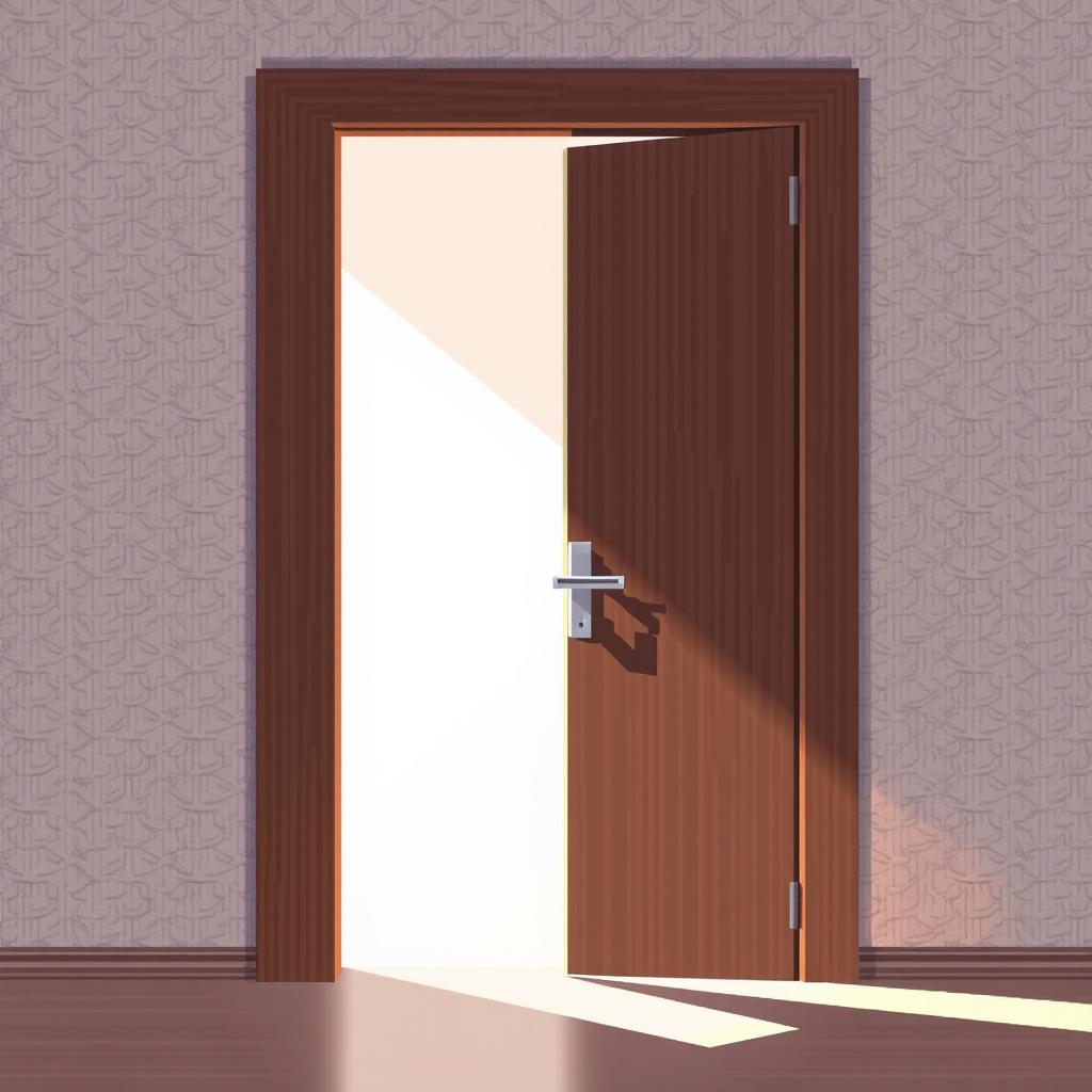 An elegant pixel art illustration of a modern wooden door that is open, revealing a bright and inviting interior behind it