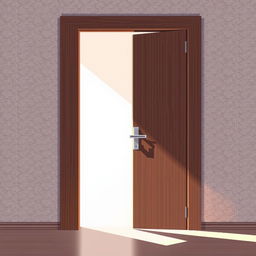An elegant pixel art illustration of a modern wooden door that is open, revealing a bright and inviting interior behind it