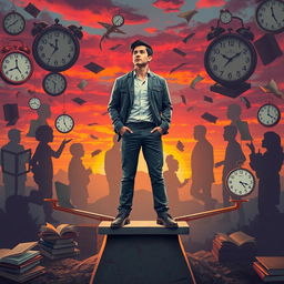 The illusion of needing to do more than everyone else, illustrated through a surreal scene depicting a person standing on a giant scale, weighing their efforts against the efforts of others represented by abstract silhouettes in the background