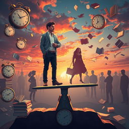 The illusion of needing to do more than everyone else, illustrated through a surreal scene depicting a person standing on a giant scale, weighing their efforts against the efforts of others represented by abstract silhouettes in the background