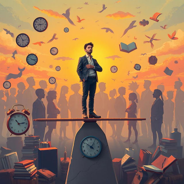 The illusion of needing to do more than everyone else, illustrated through a surreal scene depicting a person standing on a giant scale, weighing their efforts against the efforts of others represented by abstract silhouettes in the background
