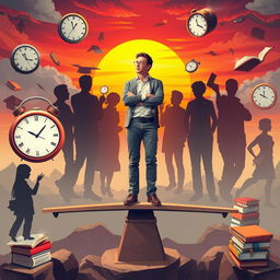 The illusion of needing to do more than everyone else, illustrated through a surreal scene depicting a person standing on a giant scale, weighing their efforts against the efforts of others represented by abstract silhouettes in the background