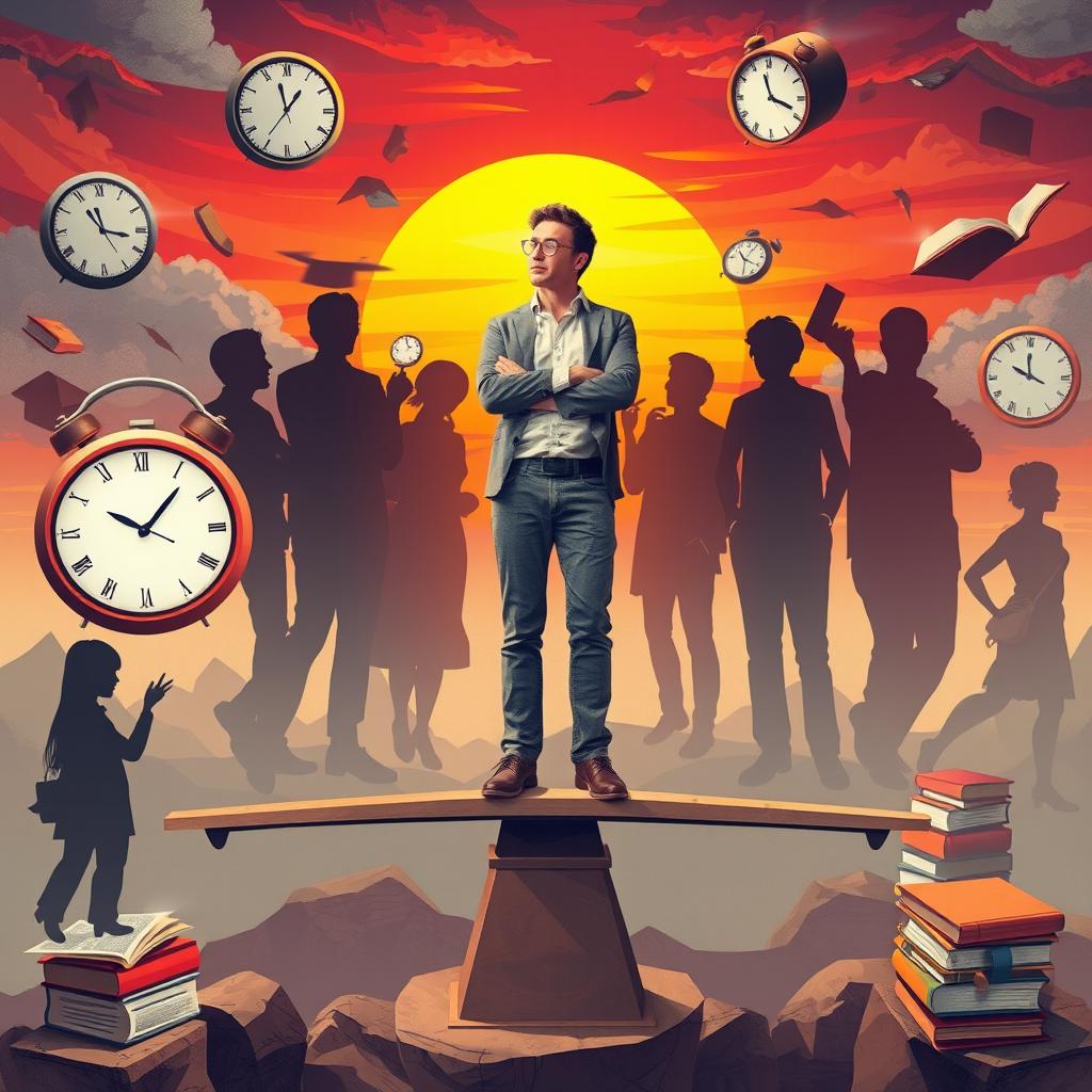 The illusion of needing to do more than everyone else, illustrated through a surreal scene depicting a person standing on a giant scale, weighing their efforts against the efforts of others represented by abstract silhouettes in the background