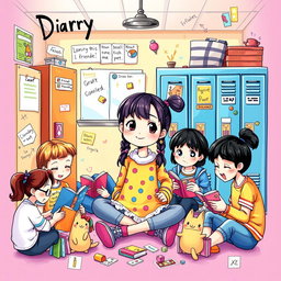 A vibrant and colorful illustration inspired by a young girl's diary, showcasing her daily life and adventures