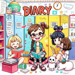 A vibrant and colorful illustration inspired by a young girl's diary, showcasing her daily life and adventures