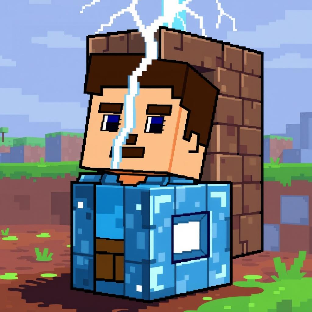 A pixel art depiction of Steve from Minecraft standing near a command block, with a lightning bolt dramatically striking down from the sky