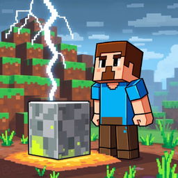 A pixel art depiction of Steve from Minecraft standing near a command block, with a lightning bolt dramatically striking down from the sky