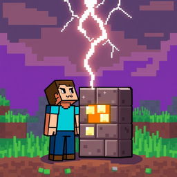 A pixel art depiction of Steve from Minecraft standing near a command block, with a lightning bolt dramatically striking down from the sky