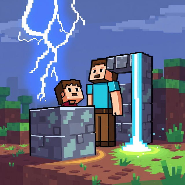 A pixel art depiction of Steve from Minecraft standing near a command block, with a lightning bolt dramatically striking down from the sky