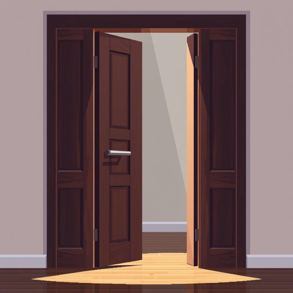An elegant pixel art illustration of a modern wooden door that is open, showcasing a sleek, contemporary design