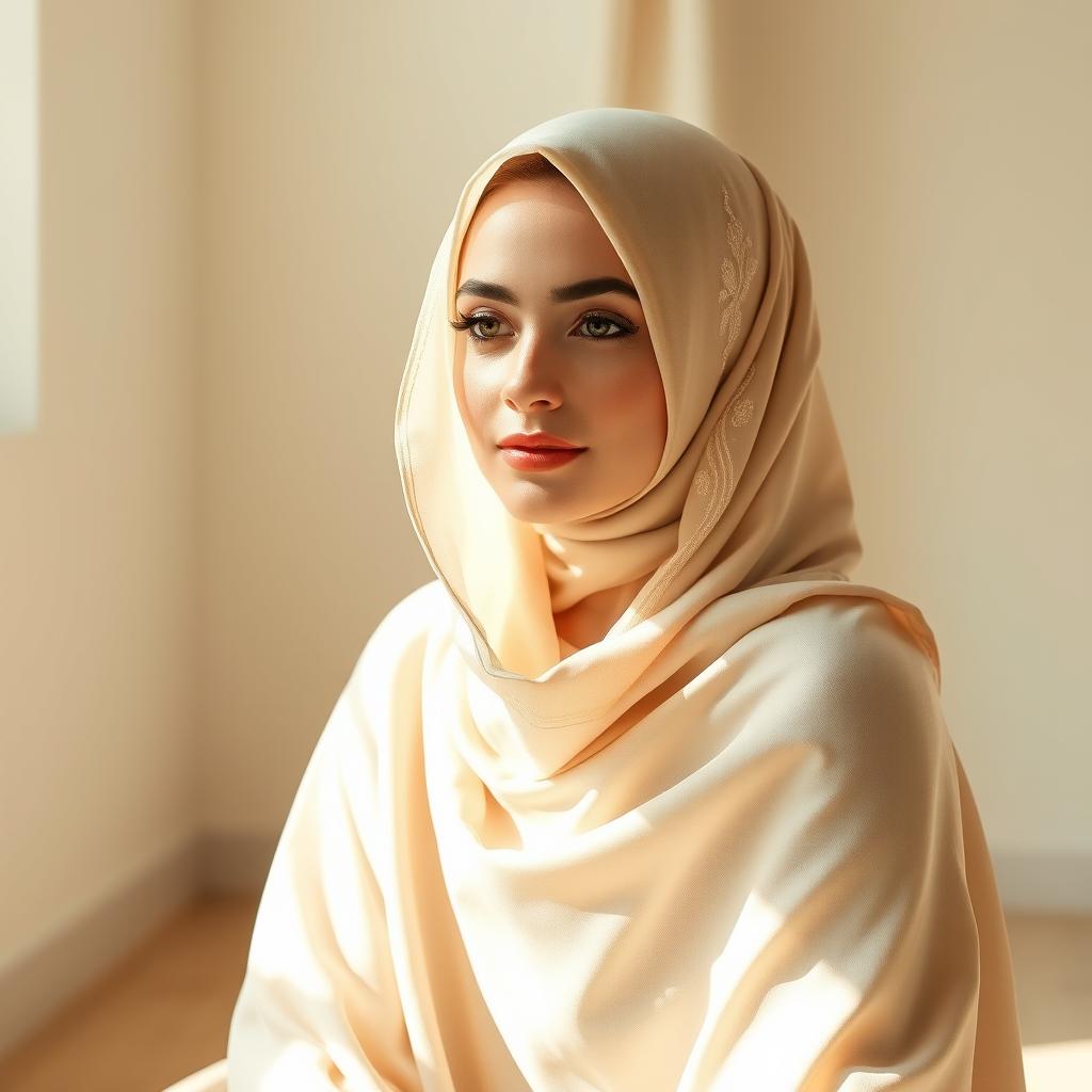 A beautiful woman wearing a hijab, elegantly styled, sitting gracefully with a serene expression