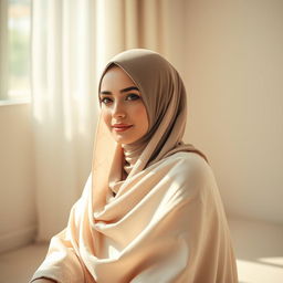 A beautiful woman wearing a hijab, elegantly styled, sitting gracefully with a serene expression