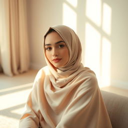 A beautiful woman wearing a hijab, elegantly styled, sitting gracefully with a serene expression