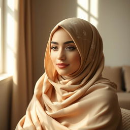 A beautiful woman wearing a hijab, elegantly styled, sitting gracefully with a serene expression