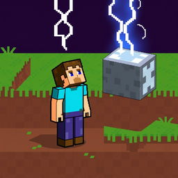 A pixel art illustration of Steve from Minecraft standing near a command block as a lightning bolt strikes down from the sky