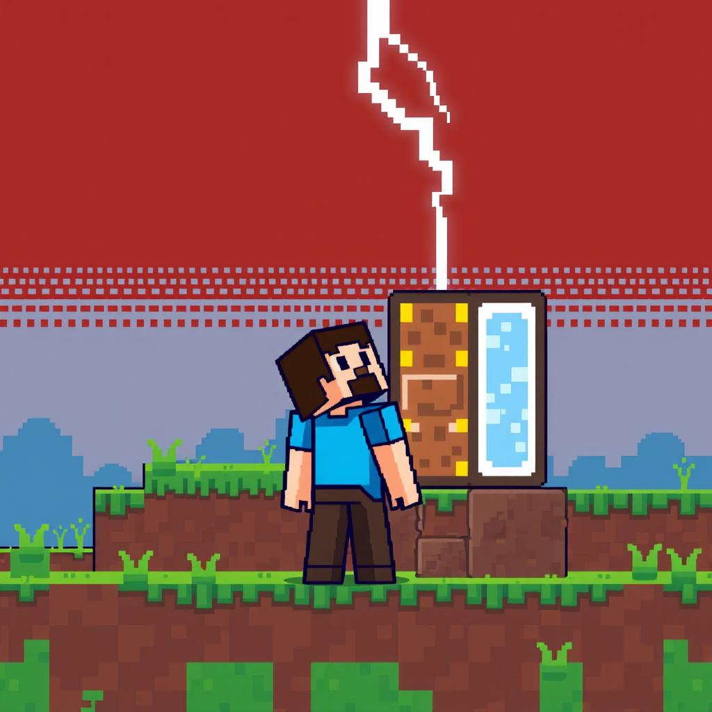 A pixel art illustration of Steve from Minecraft standing near a command block as a lightning bolt strikes down from the sky