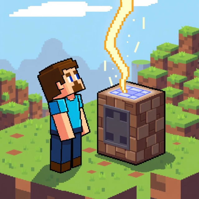 A pixel art illustration of Steve from Minecraft standing near a command block as a lightning bolt strikes down from the sky