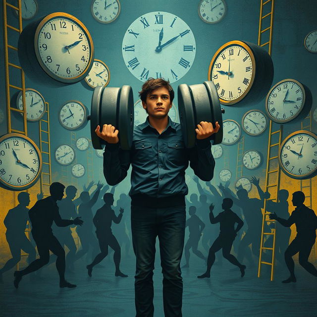 The illusion of needing to do more than everyone else, represented through a surreal scene featuring a person at the center, burdened with oversized weights symbolizing excessive expectations