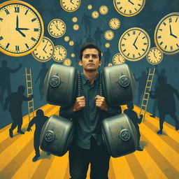 The illusion of needing to do more than everyone else, represented through a surreal scene featuring a person at the center, burdened with oversized weights symbolizing excessive expectations