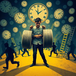 The illusion of needing to do more than everyone else, represented through a surreal scene featuring a person at the center, burdened with oversized weights symbolizing excessive expectations