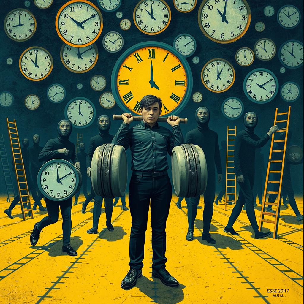 The illusion of needing to do more than everyone else, represented through a surreal scene featuring a person at the center, burdened with oversized weights symbolizing excessive expectations