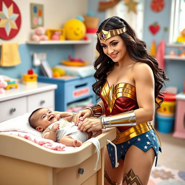 Wonder Woman, dressed in her iconic costume with a shiny tiara and indestructible bracelets, is playfully cleaning up a baby’s poopy diaper