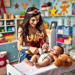 Wonder Woman, dressed in her iconic costume with a shiny tiara and indestructible bracelets, is playfully cleaning up a baby’s poopy diaper