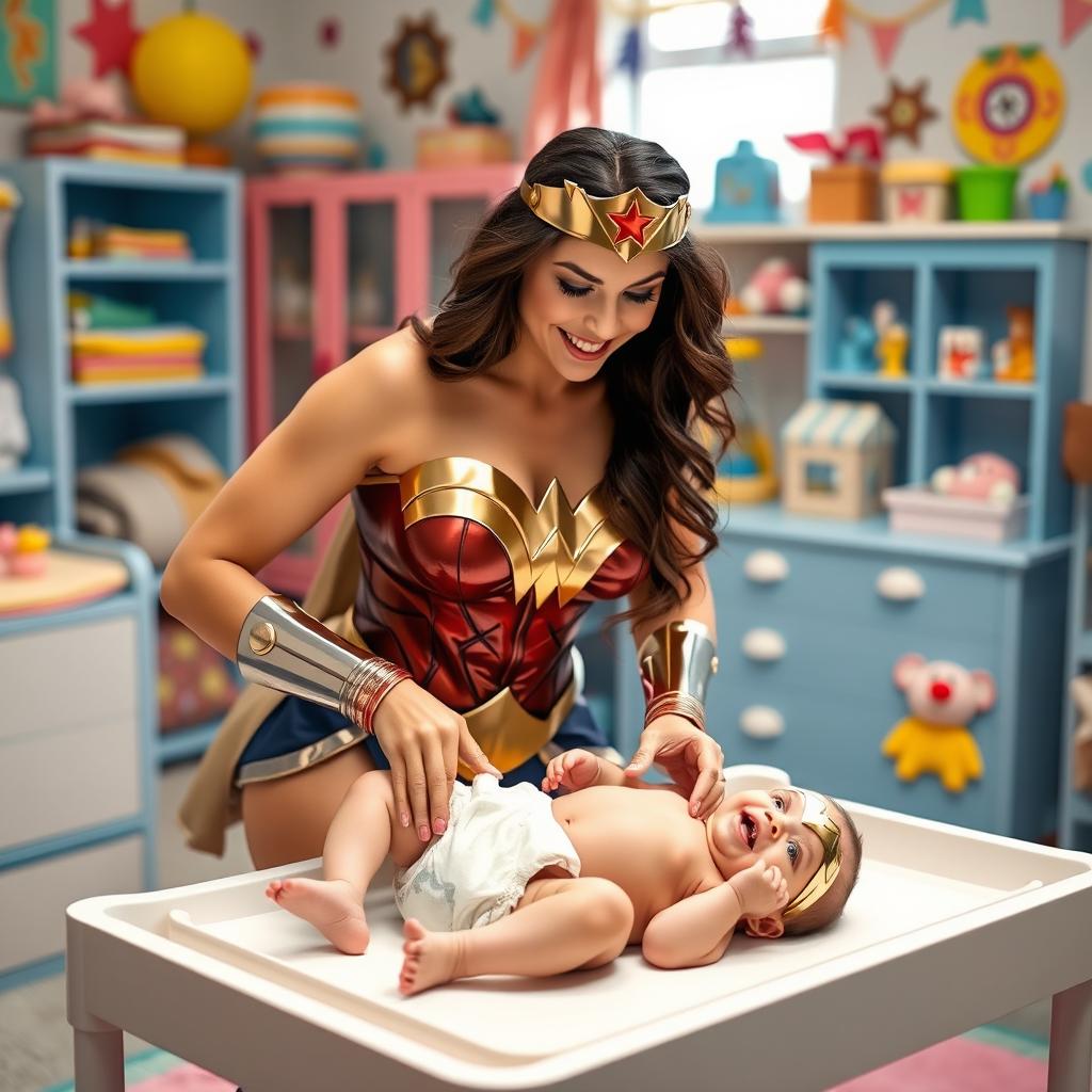 Wonder Woman, dressed in her iconic costume with a shiny tiara and indestructible bracelets, is playfully cleaning up a baby’s poopy diaper