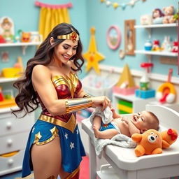 Wonder Woman, dressed in her iconic costume with a shiny tiara and indestructible bracelets, is playfully cleaning up a baby’s poopy diaper