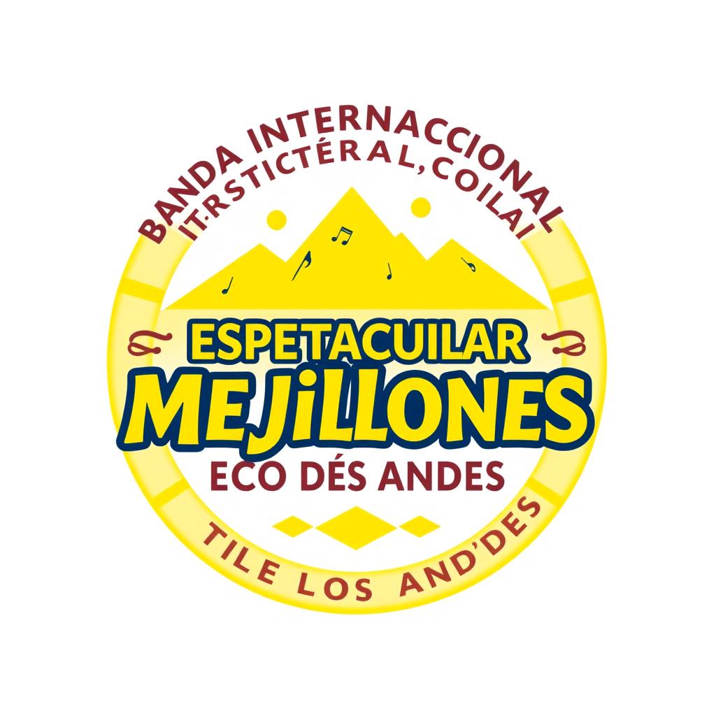 A circular logo design featuring vibrant yellow colors with the text 'BANDA INTERNACIONAL ESPECTACULAR MEJILLONES ECO DE LOS ANDES' prominently displayed