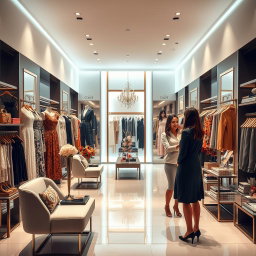 Generate an image of a sophisticated and elegant boutique filled with luxurious clothing items priced at 1,100 Pesos each