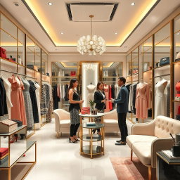 Generate an image of a sophisticated and elegant boutique filled with luxurious clothing items priced at 1,100 Pesos each