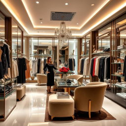 Generate an image of a sophisticated and elegant boutique filled with luxurious clothing items priced at 1,100 Pesos each