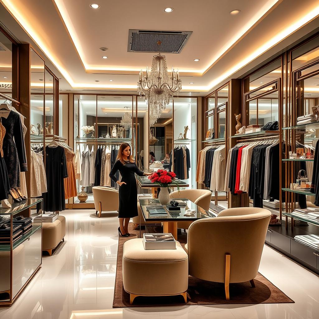 Generate an image of a sophisticated and elegant boutique filled with luxurious clothing items priced at 1,100 Pesos each